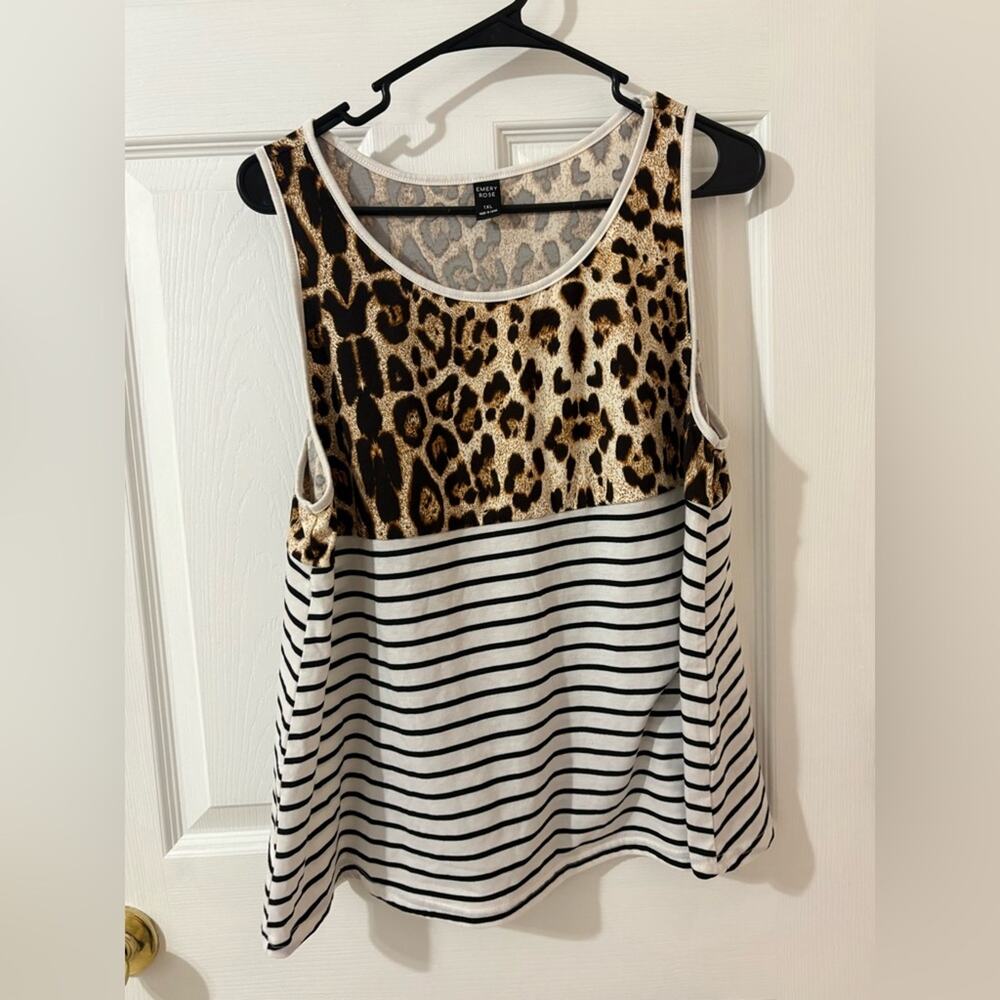 Emery Rose Leopard Print & Striped Colorblock Tank Top | 1XL